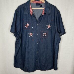 VTG Denim Shirt Embroidered Womens 3X Stars USA Country Cottage‎ Granny 90s